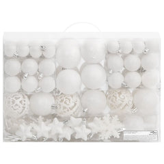 A set of 111 white polystyrene Christmas baubles in various styles and sizes.
