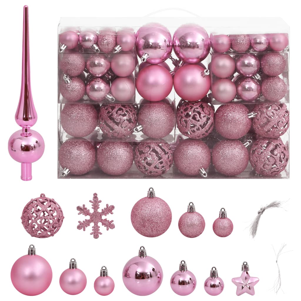 111-piece pink polystyrene Christmas bauble set in a clear box with tree topper.