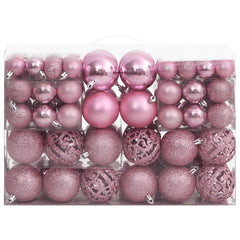 111-piece pink polystyrene Christmas bauble set in a clear plastic box.