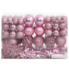 111-piece set of pink polystyrene Christmas baubles in various finishes and shapes