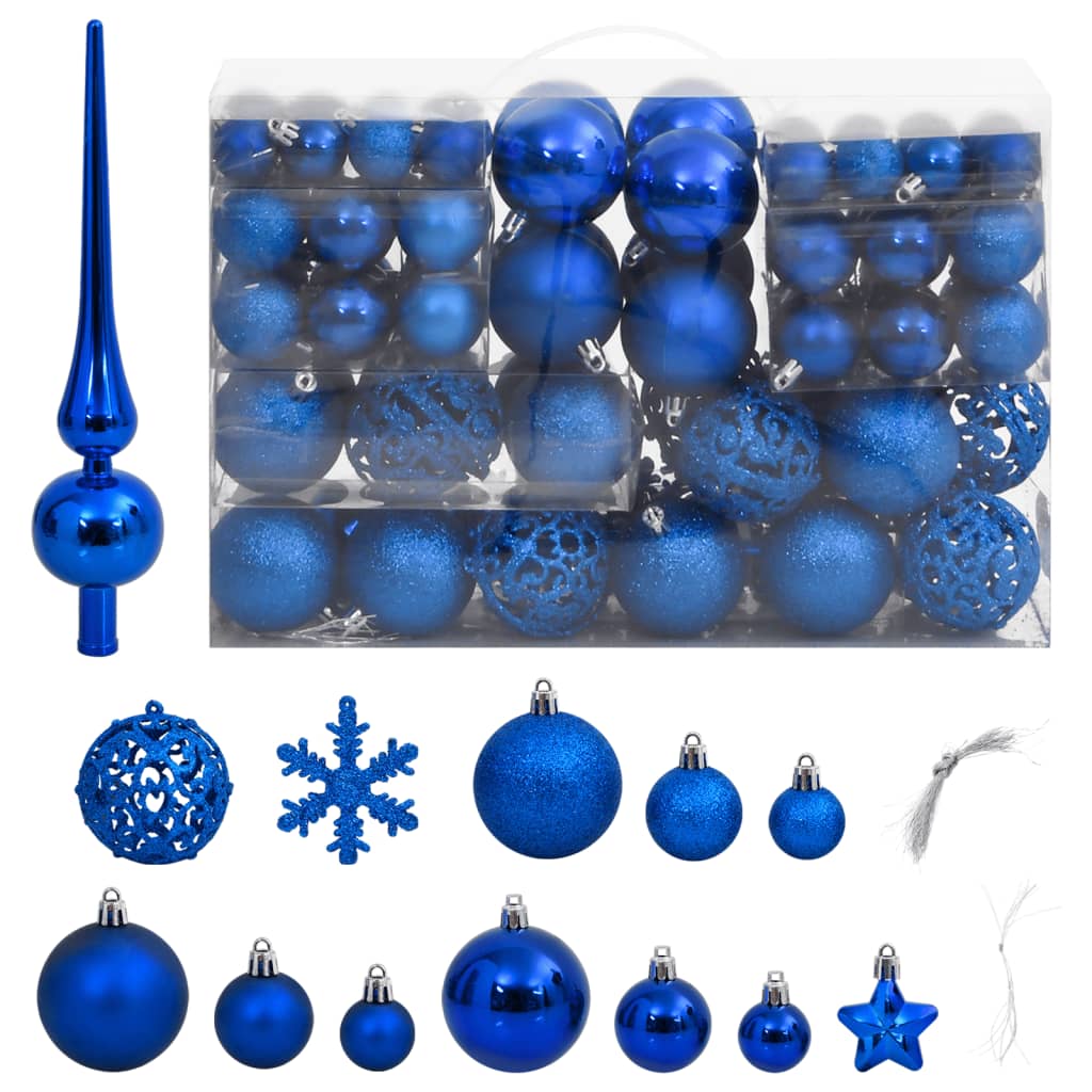 Blue polystyrene Christmas bauble set with 111 pieces in various sizes, finishes, and shapes including stars and a tree topper, packaged in a clear box.