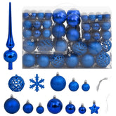 Blue polystyrene Christmas bauble set with 111 pieces in various sizes, finishes, and shapes including stars and a tree topper, packaged in a clear box.