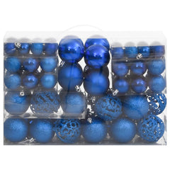 A set of 111 blue polystyrene Christmas baubles in various sizes and finishes, packaged in a clear box.