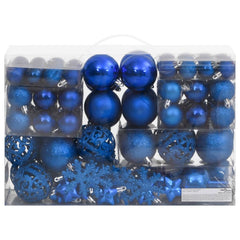 Set of 111 blue polystyrene Christmas baubles in matte, glitter, glossy, and openwork designs.