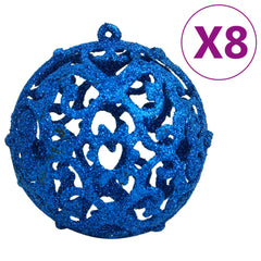 Blue glitter openwork Christmas bauble ornament with hanging loop, pack of 8.