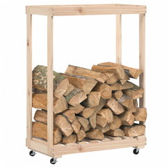 Wooden log holder made of solid pine with wheels, holding stacked firewood.