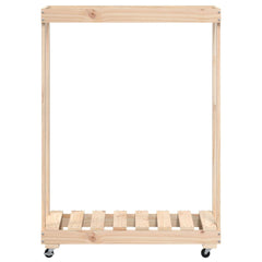 Solid pine wood log holder with slatted base and four wheels, measuring 30.1x15.7x42.5 inches.