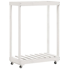 White solid pine log holder with wheels, measuring 30.1x15.7x42.5 inches.