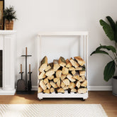 White solid pine log holder with wheels, holding firewood, 30.1x15.7x42.5 inches.