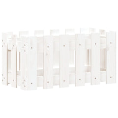 White solid pine garden planter with fence design, measuring 23.6x11.8x11.8 inches.