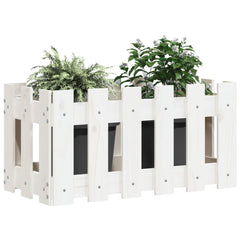 White solid pine garden planter with fence design, 23.6x11.8x11.8 inches, holding green plants.