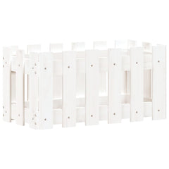 White solid pine garden planter with fence design, rectangular shape, 23.6x11.8x11.8 inches.
