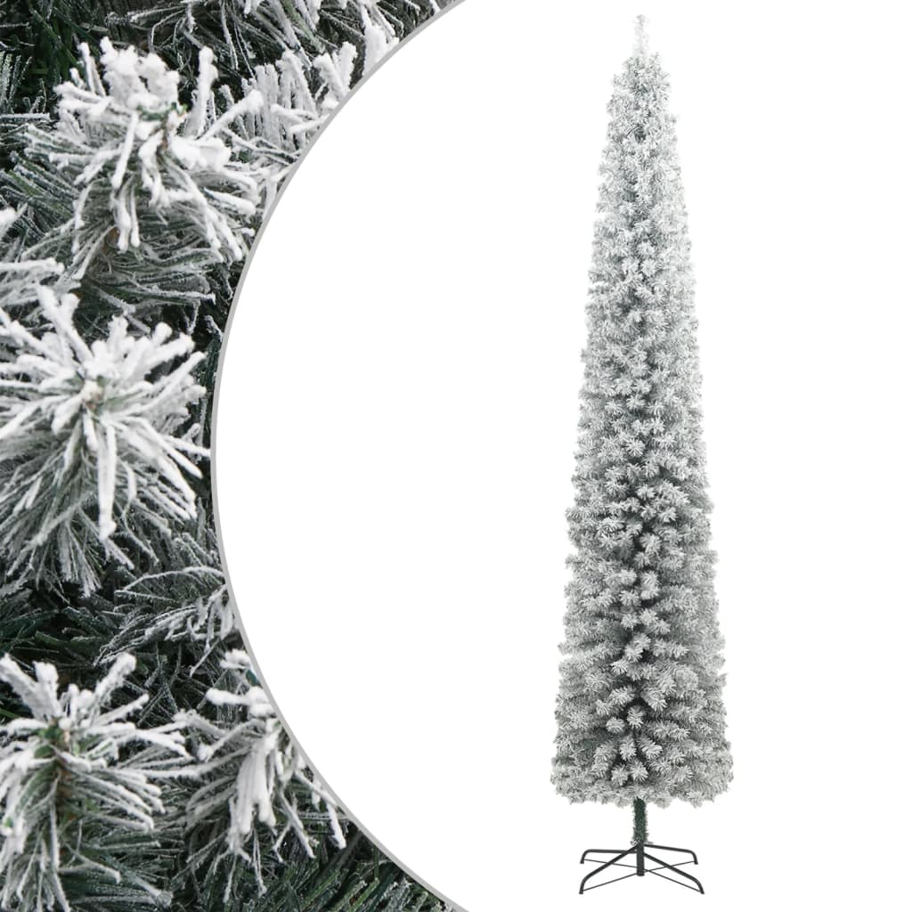 Slim 106.3-inch flocked snow Christmas tree with metal stand on white background.