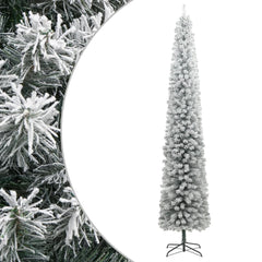 Slim 106.3-inch flocked snow Christmas tree with metal stand on white background.