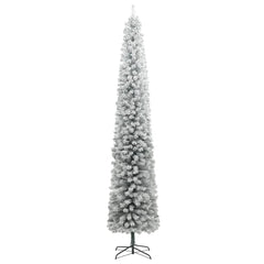 A 106.3-inch slim flocked snow Christmas tree with a metal stand.