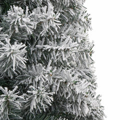 Slim 106.3-inch flocked artificial Christmas tree with snow-dusted branches and metal stand.