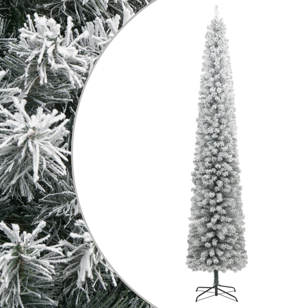A 118.1-inch slim flocked artificial Christmas tree with snowy branches and metal stand.
