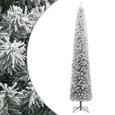 A 118.1-inch slim flocked artificial Christmas tree with snowy branches and metal stand.