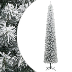 A 118.1-inch slim flocked artificial Christmas tree with snowy branches and metal stand.
