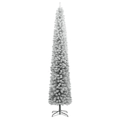 A 118.1-inch slim flocked snow artificial Christmas tree with metal stand.