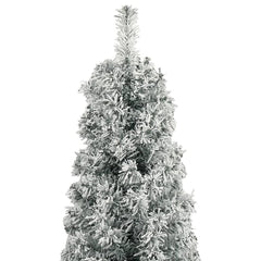 Slim 118.1-inch flocked artificial Christmas tree with snowy branches and metal stand.