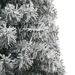 A 118.1-inch slim artificial Christmas tree with flocked snow branches and metal stand.