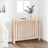 Solid pine wood radiator cover with slatted front and top shelf, measuring 42.7x7.5x33.1 inches.