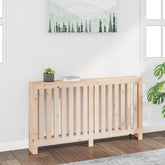 A light pine wood radiator cover with slatted front and shelf, sized 60.2x7.5x33.1 inches.