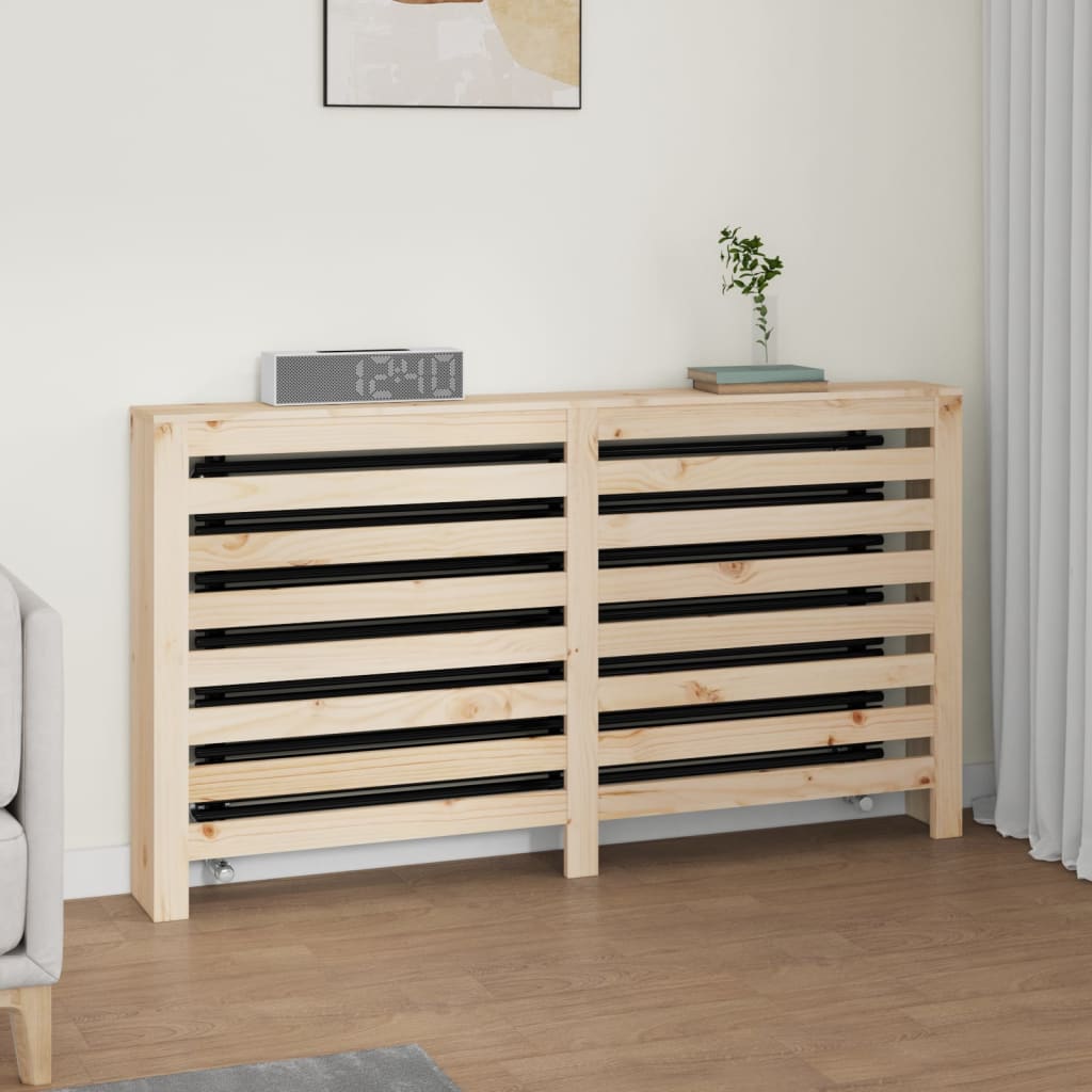 Untreated solid pine wood radiator cover with horizontal slats and top shelf.
