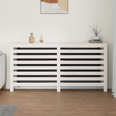 White solid pine wood radiator cover with slatted front and top shelf, sized 66.5x7.5x33.1 inches.