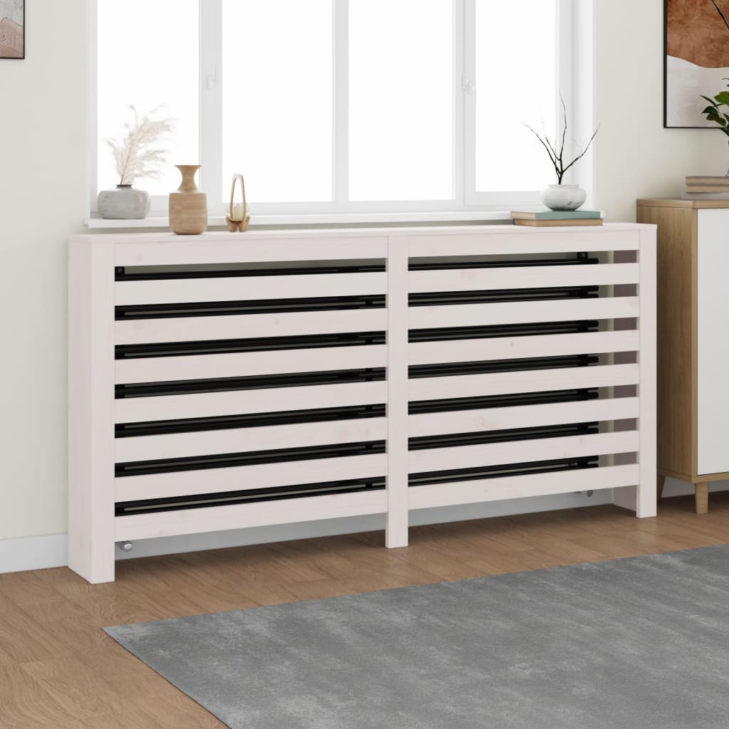White solid pine wood radiator cover with slatted front and top shelf, measuring 66.5x7.5x33.1 inches.