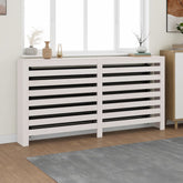 White solid pine wood radiator cover with slatted front and top shelf, measuring 66.5x7.5x33.1 inches.
