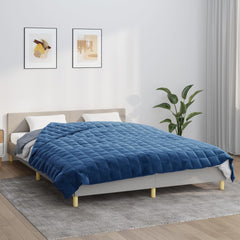 Blue 33.1 lb Bostome weighted blanket on a bed, 86.6x92.5 inches, quilted fabric.