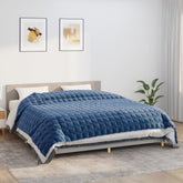 A blue Bostome weighted blanket, 86.6x102.4 inches and 33.1 pounds, on a bed in a modern bedroom.