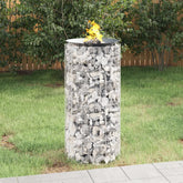 Silver galvanized iron gabion fire pit, 19.7 inches wide, with flames in stone-filled cylindrical basket.
