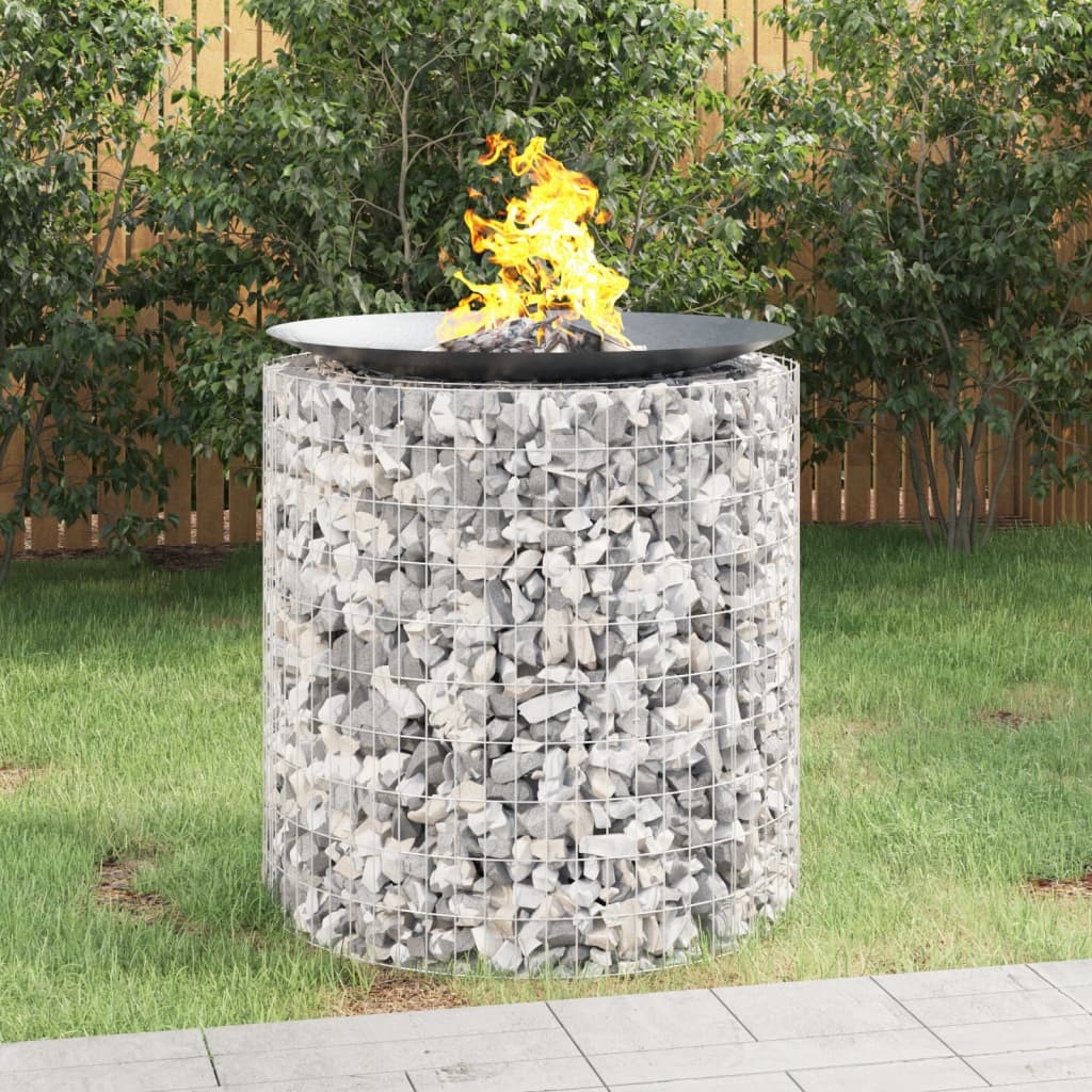 39.4-inch galvanized iron gabion fire pit with burning flames in a stone-filled cylindrical basket.