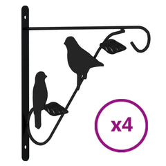 Black powder-coated steel hanging basket brackets with bird and leaf design, 4-pack.