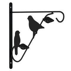 Black powder-coated steel hanging basket bracket with bird and leaf design.