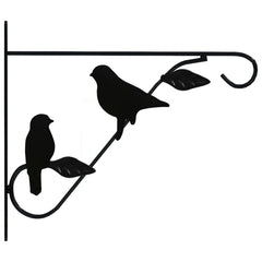 Black powder-coated steel hanging basket bracket with bird and leaf design, 4 pack.