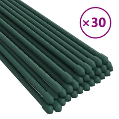 Thirty green-coated steel garden plant stakes are stacked diagonally.