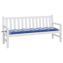 Blue and white striped garden bench cushion made of durable, water-resistant Oxford fabric.