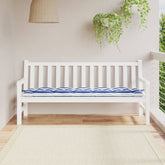 Blue and white striped garden bench cushion made of water-resistant Oxford fabric.