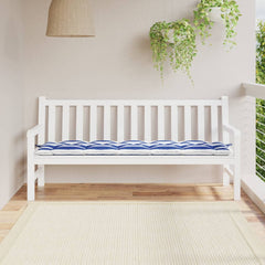 Blue and white striped garden bench cushion made of water-resistant Oxford fabric.