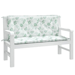 Leaf pattern garden bench cushions in green and cream, designed for outdoor comfort.