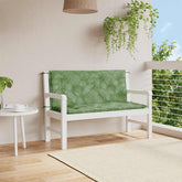 Leaf pattern outdoor bench cushions in green and beige, 47.2 inches long, with ties for stability.