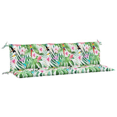 Multicolor garden bench cushions made of Oxford fabric with non-slip ties and water-repellent features.
