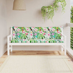 Multicolor garden bench cushions made of Oxford fabric with non-slip ties and water-repellent features.