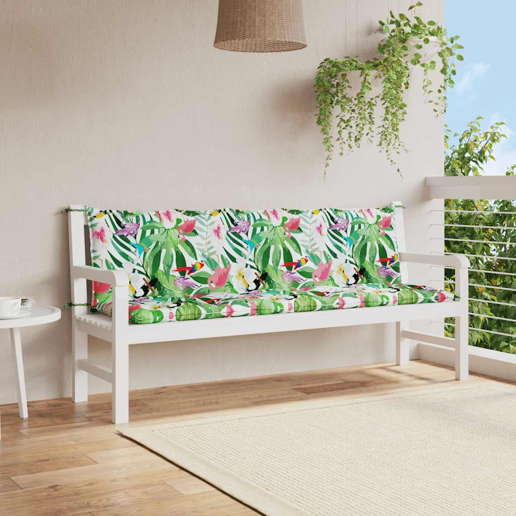 Multicolor garden bench cushions made of Oxford fabric with non-slip ties and water-repellent features.