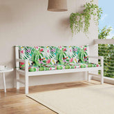 Multicolor garden bench cushions made of Oxford fabric with non-slip ties and water-repellent features.