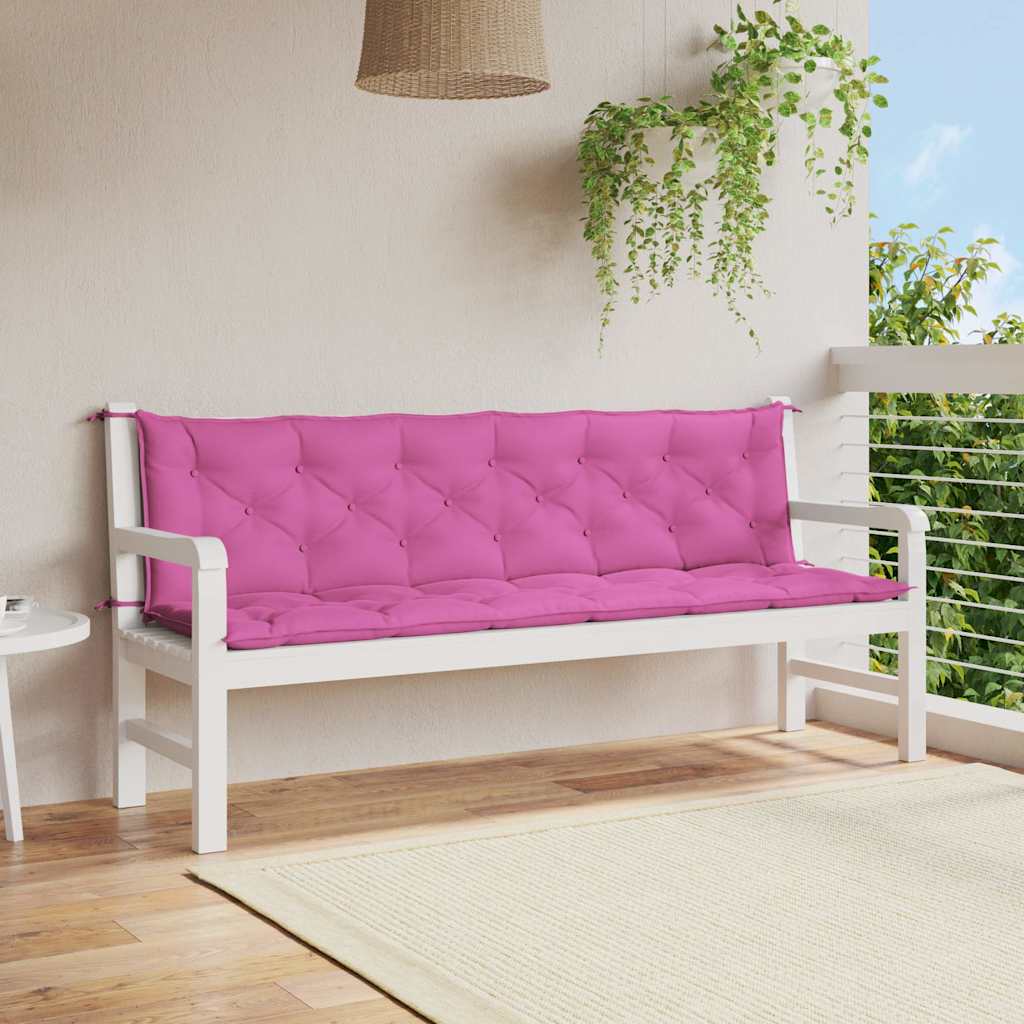 Two pink garden bench cushions made of durable, water-repellent polyester fabric.